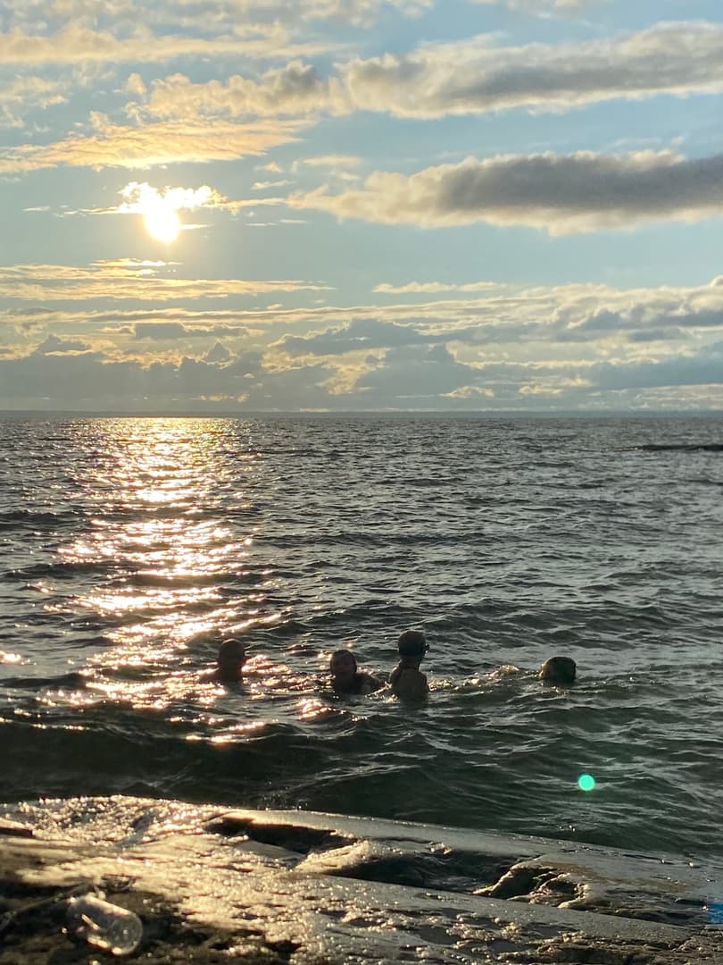 Swimming in a clear Swedish lake from a wooden dock
