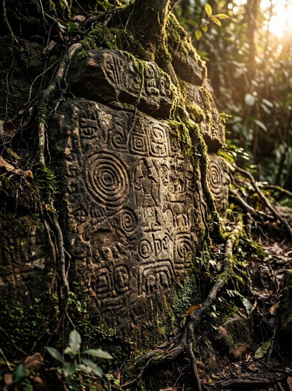 Weathered stone carving showing indigenous symbols partially covered by encroaching vegetation