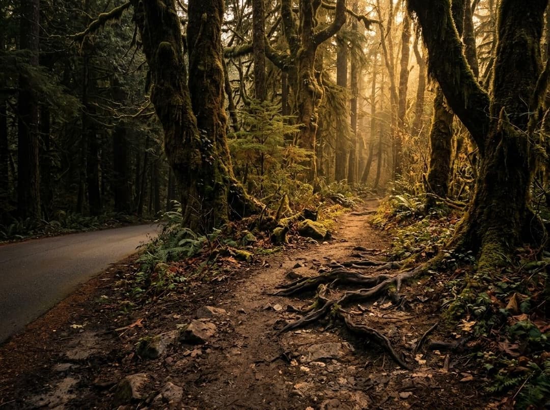 A single path diverging from a road, leading into untouched wilderness