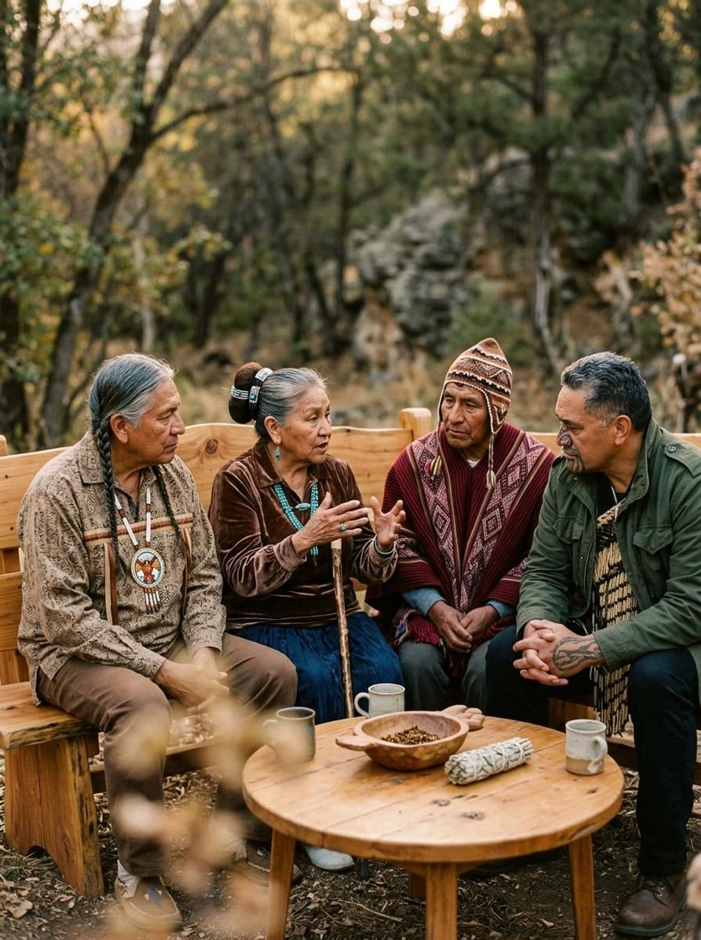 Indigenous leaders in dialogue during a sovereign gathering