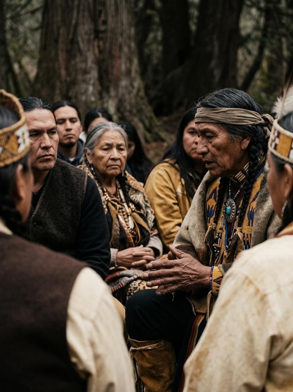 Indigenous community gathering in circle, sharing knowledge under open sky