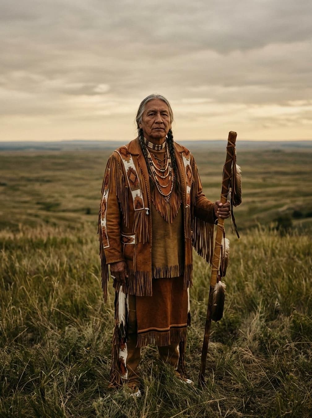 Indigenous leader in traditional regalia standing on ancestral land at golden hour