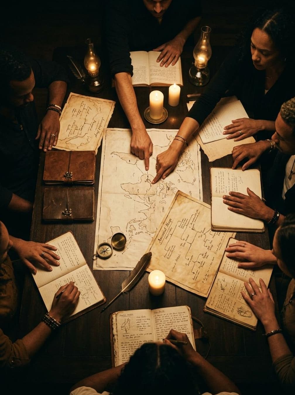 Diverse group of people working together around a table with maps and documents, collaborative atmosphere