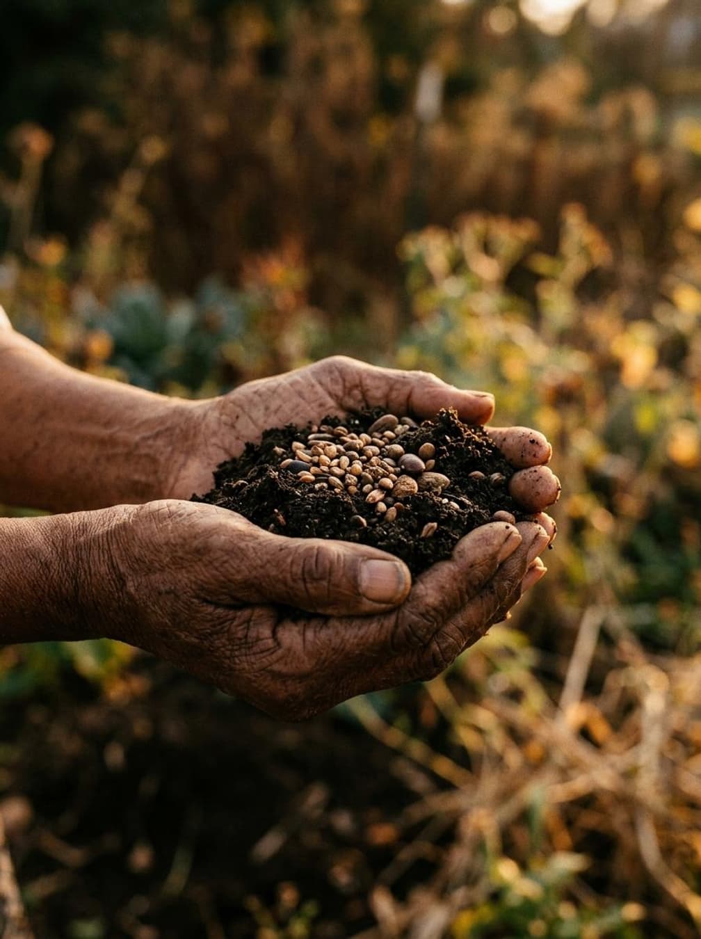 Hands of an elder holding sacred earth and seeds