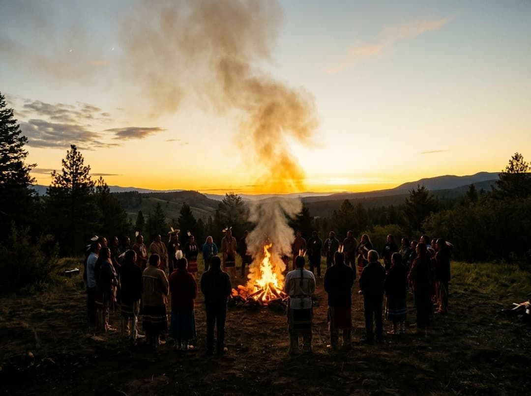 Indigenous peoples gathered around a ceremonial fire at dawn