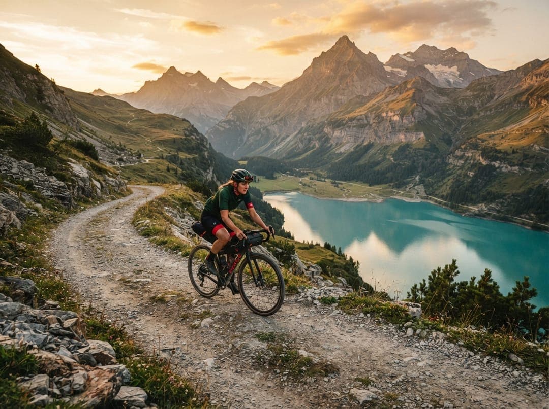 Cyclist riding along an alpine lake road in Switzerland at golden hour
