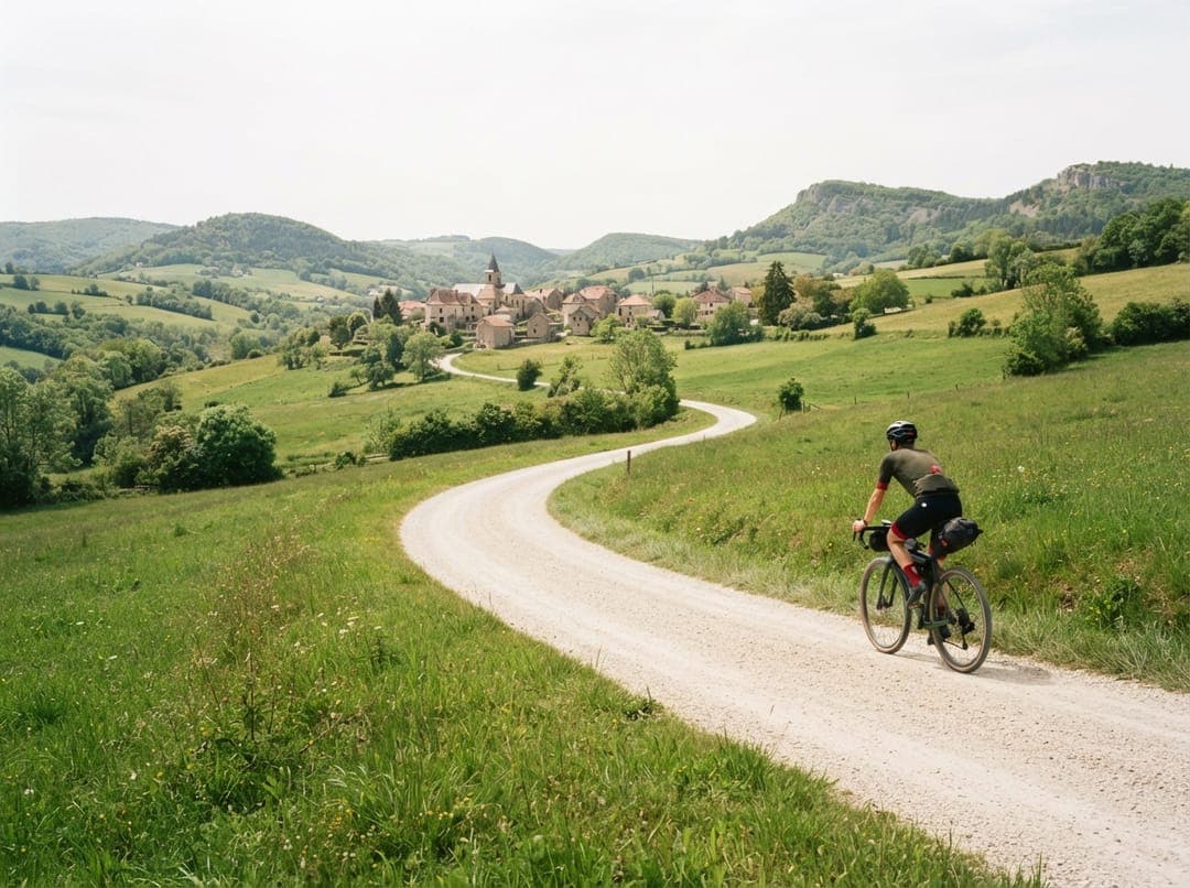 Gravel cycling route winding through Swiss countryside