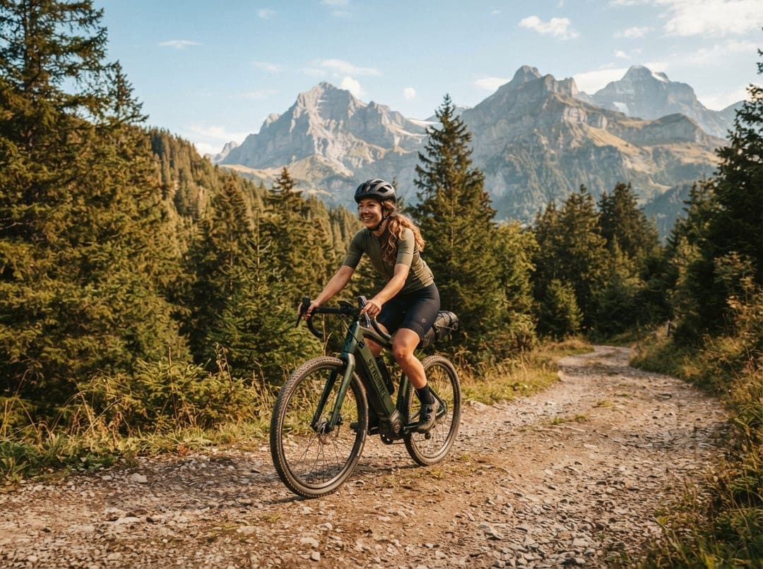 Guide riding a gravel e-bike along an alpine gravel path