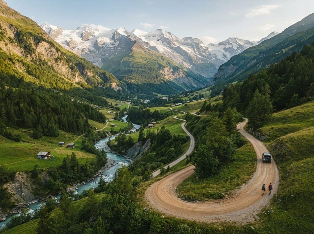 Gravel path winding through a Swiss alpine valley