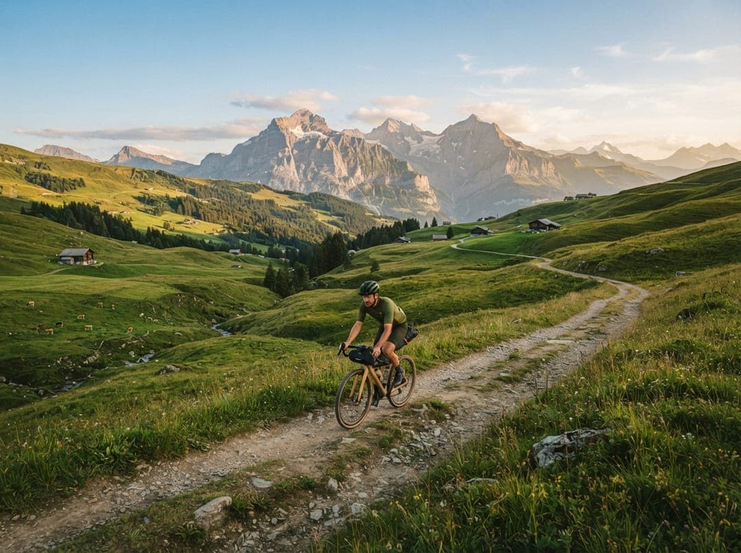 Cyclist riding a gravel bike through a Swiss alpine landscape
