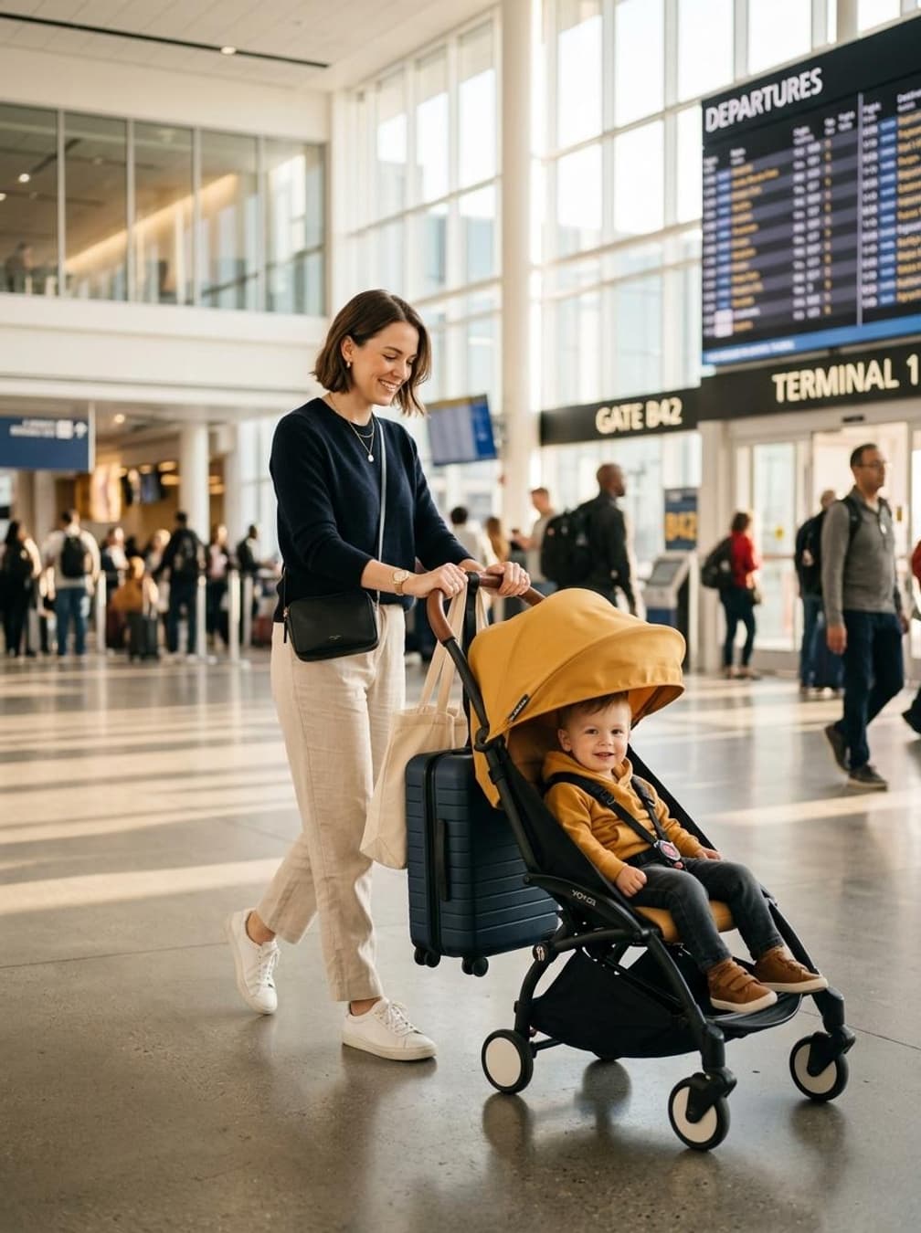 Parent walking through an airport with a stroller and luggage effortlessly connected, hands free to hold their child's hand