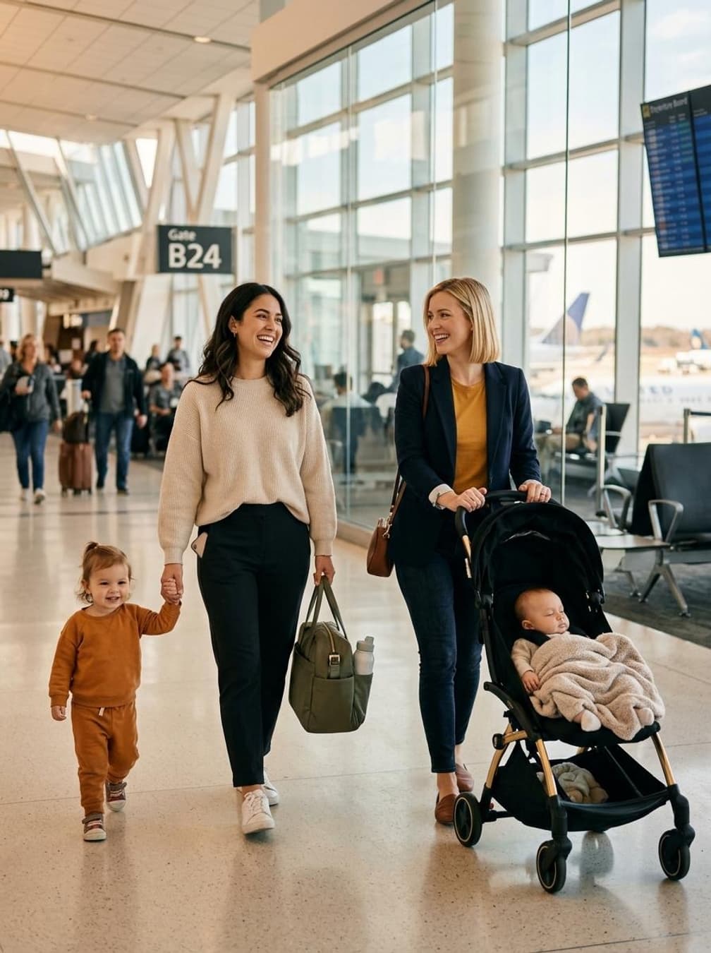 Elisa and Sui, the founders of JAVI, smiling together with their children in an airport setting