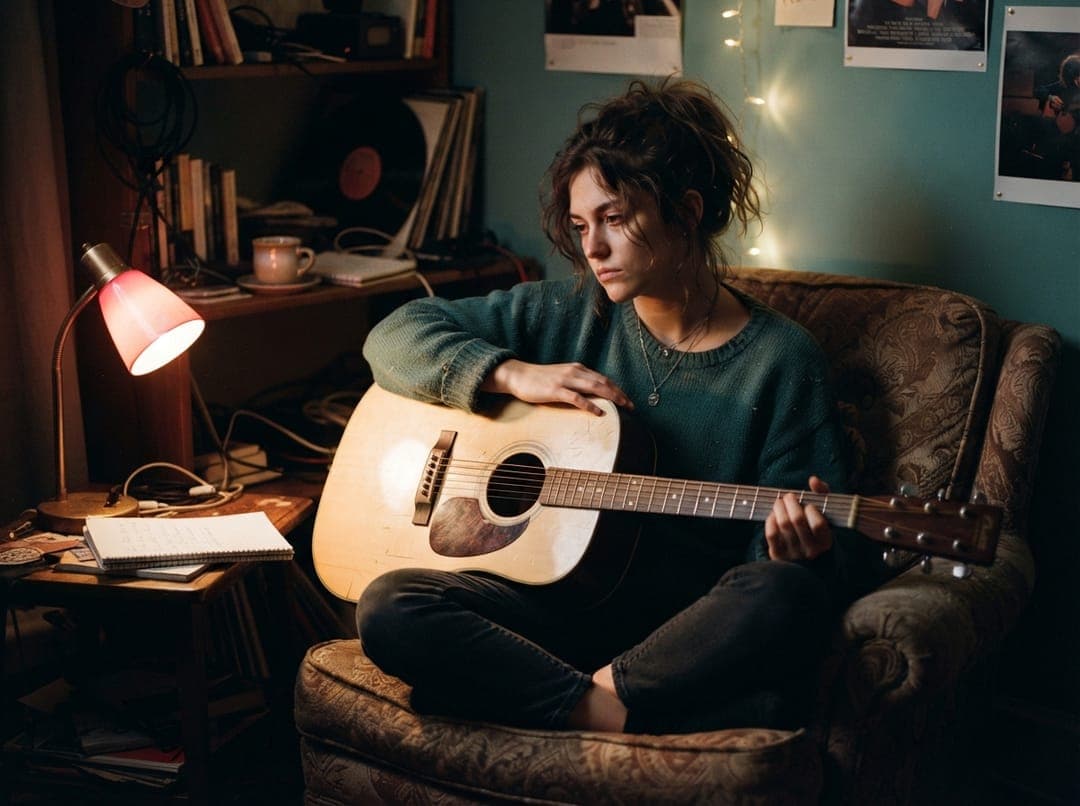 Lotte Lee in a quiet moment with her guitar