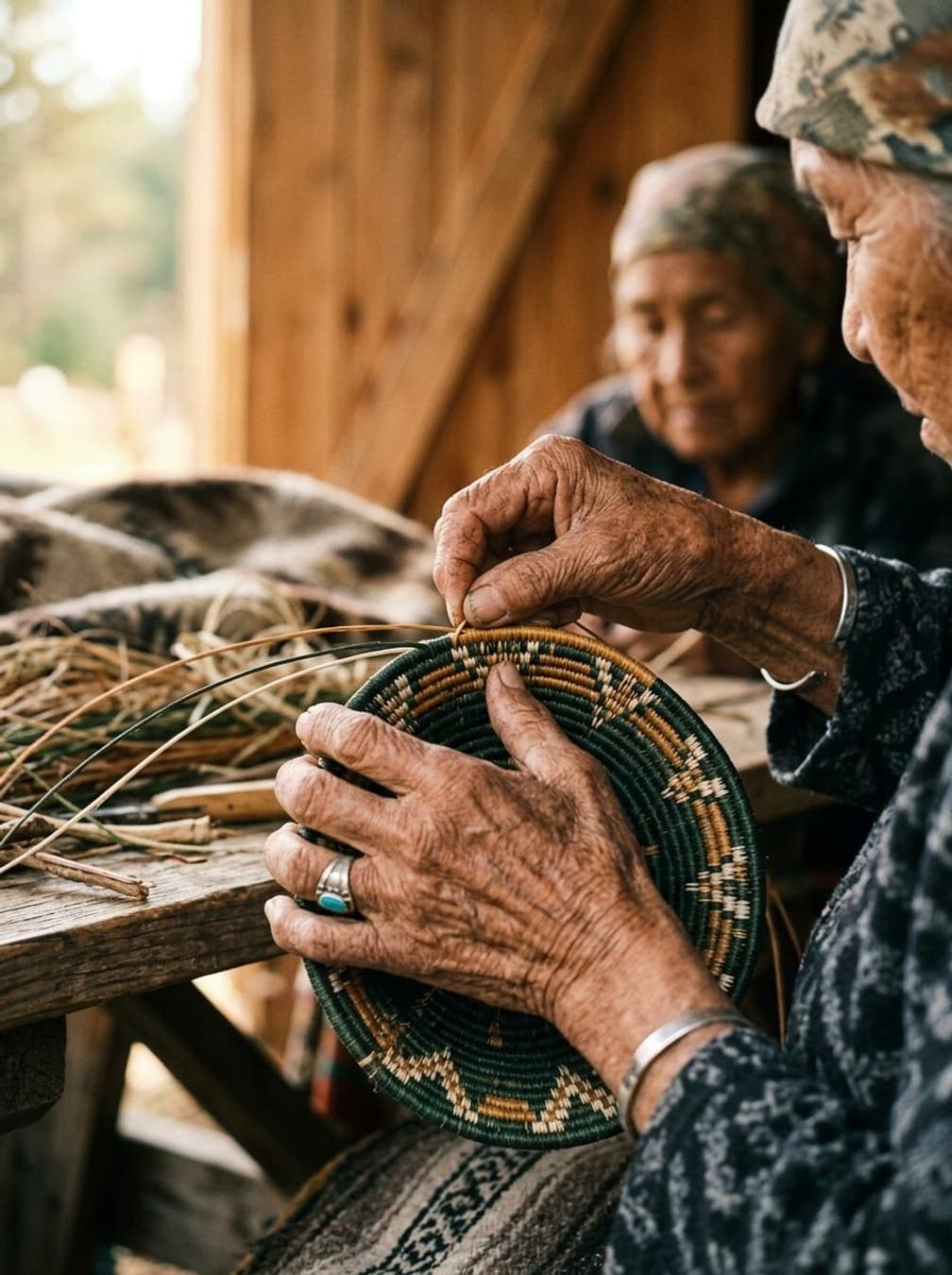 Close-up of Yawanawa elder's hands weaving traditional patterns, symbolising the transmission of ancestral knowledge